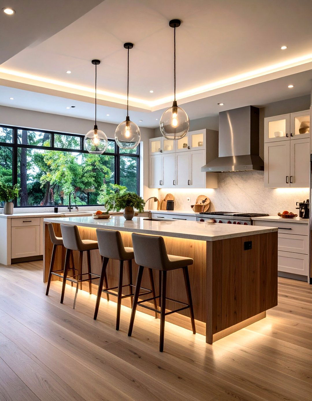 Lighting Layers to Highlight Twin Focal Points - 20 Double Island Kitchen Ideas