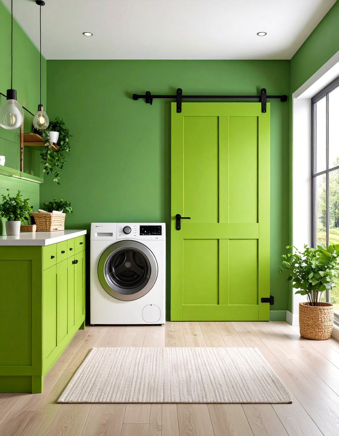 Lime Green Barn Door Hides Noise with Style - 20 Green Laundry Room Ideas
