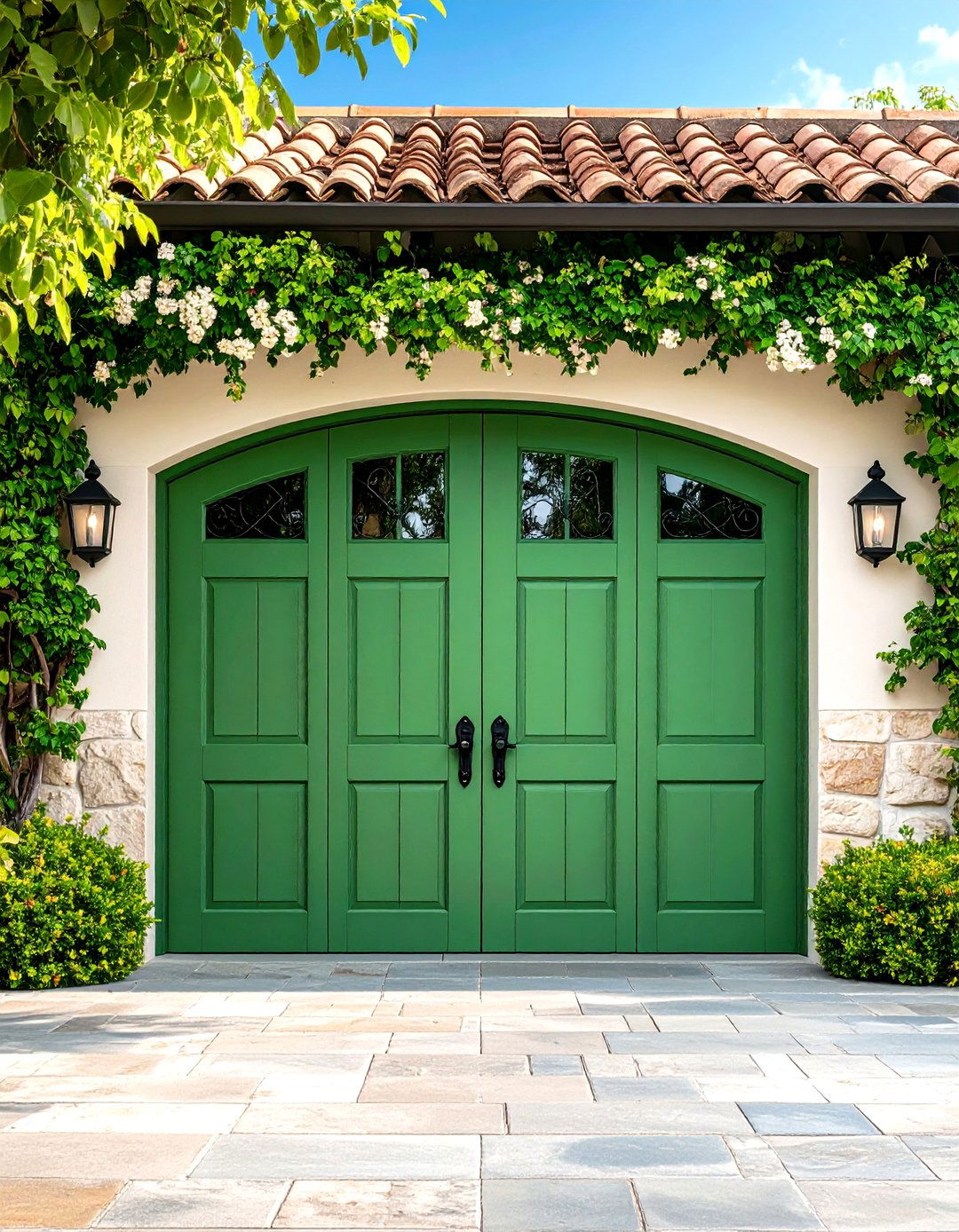 Lime Wash Finish on Classic Paneled Green Garage Door - 20 Green Garage Door Ideas