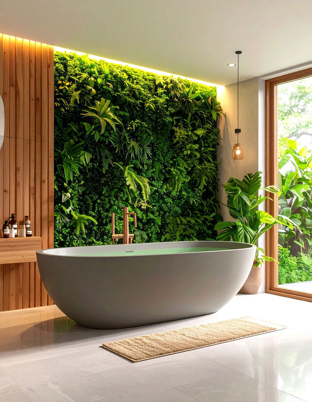 Lime Wash Green Focal Strip behind a Gray Tub - 20 Green and Grey Bathroom Ideas