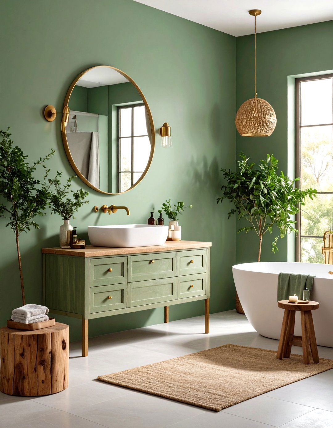 Limewash Sage Bathroom with Recycled Brass Touches - 20 Green and Gold Bathroom Ideas