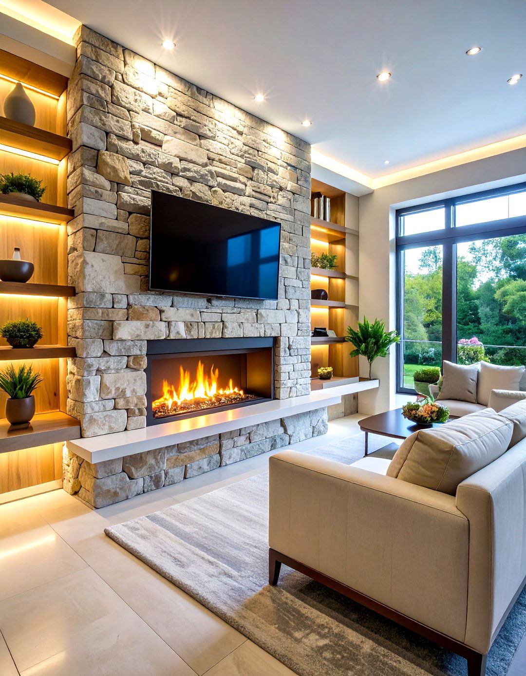 Linear Fireplace with Arched Built In Details and Transitional Styling - 20 Linear Fireplace Ideas With Tv Above
