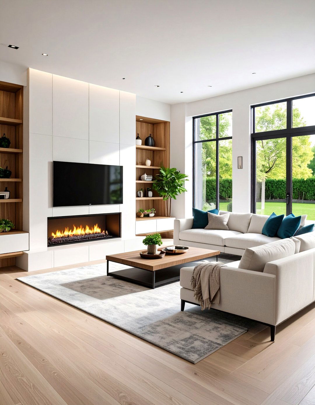 Linear Fireplace with Porcelain Tile Herringbone Pattern - 20 linear fireplace ideas