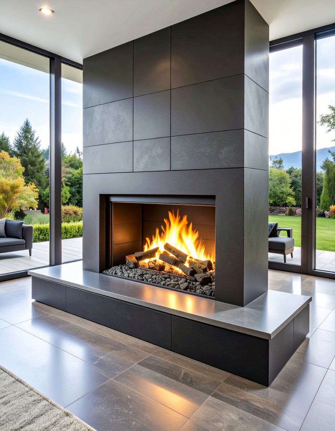 Linear Gas Insert Wrapped in Lightweight Stone Veneer - 20 Black Stone Fireplace Ideas