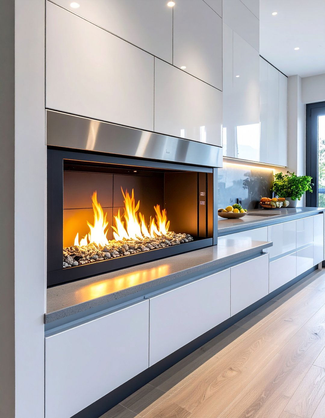 Linear Kitchen Fireplace With Ribbon Flames - 20 Kitchens With Fireplaces
