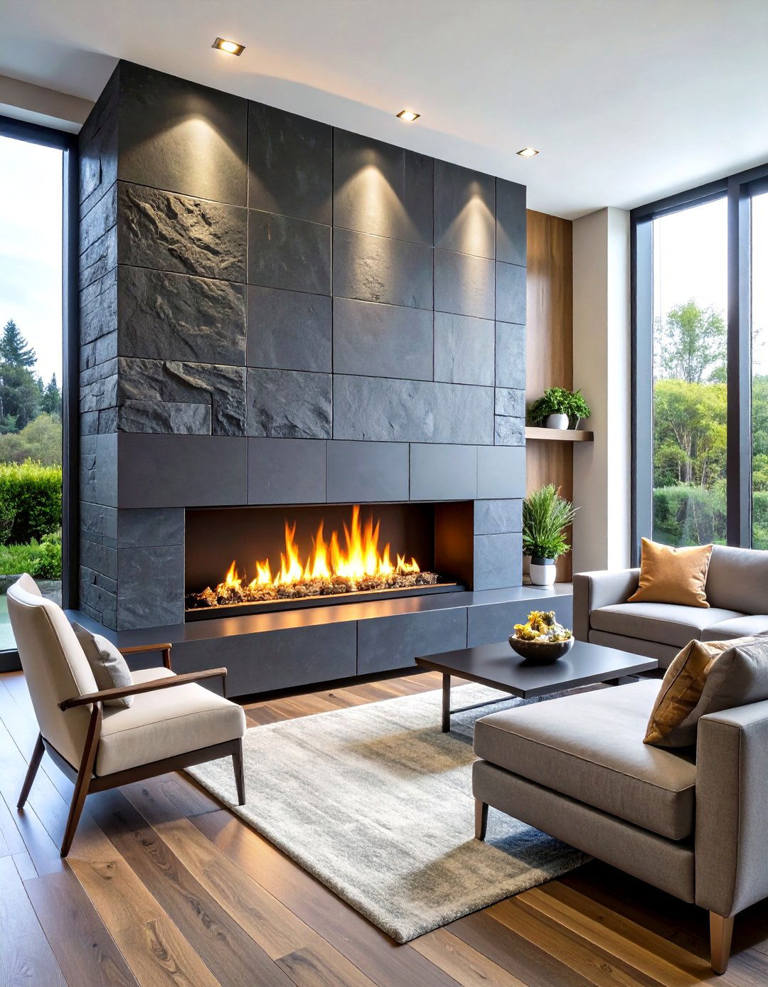 Linear Modern Fireplace with Floor to Ceiling Stone Surround - 20 Modern Fireplace Ideas