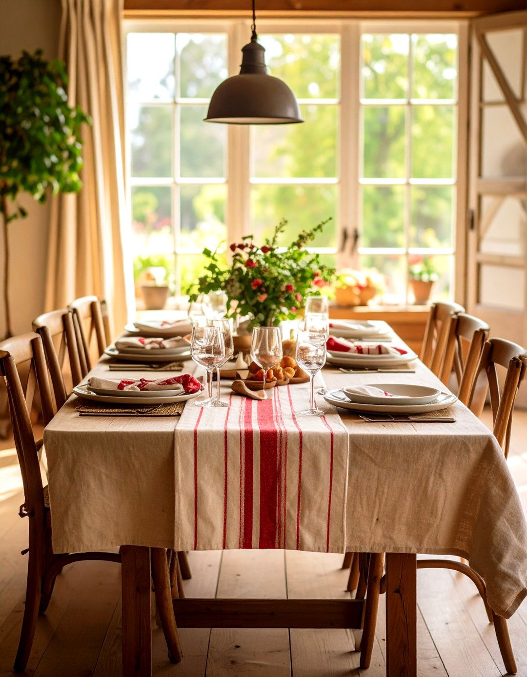 Linen Tablecloth and Grain Sack Runner Layer Textiles - 20 French Country Dining Room Ideas
