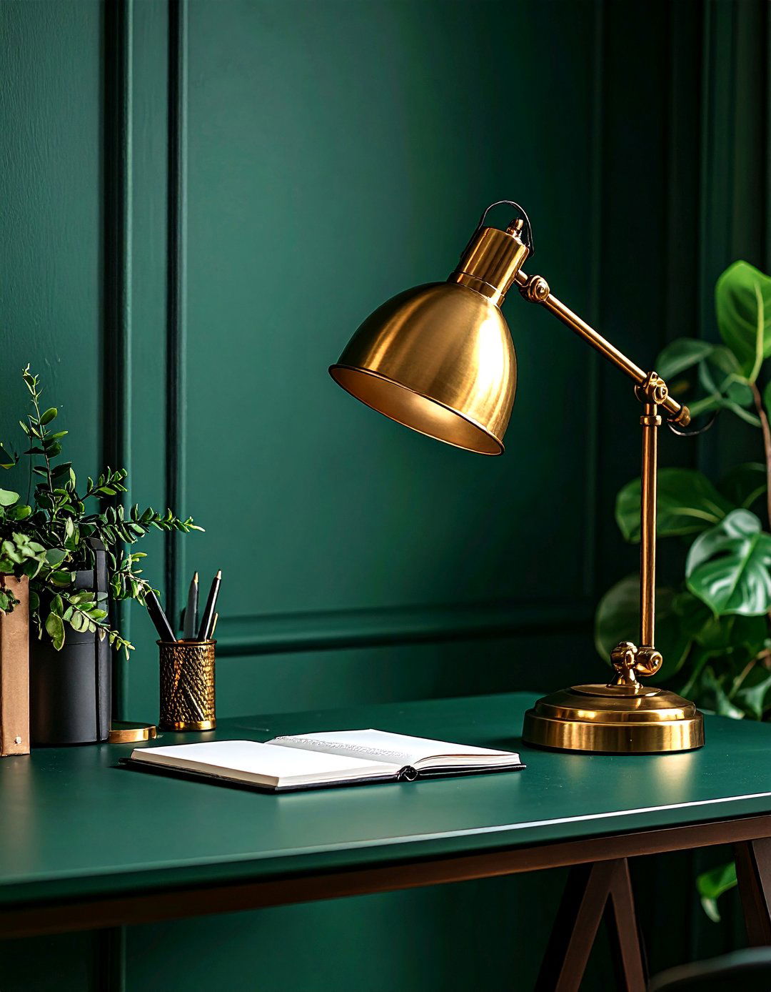 Living Brass Desk Lamp as Functional Sculpture - 20 Dark Green Office Ideas and Inspiration