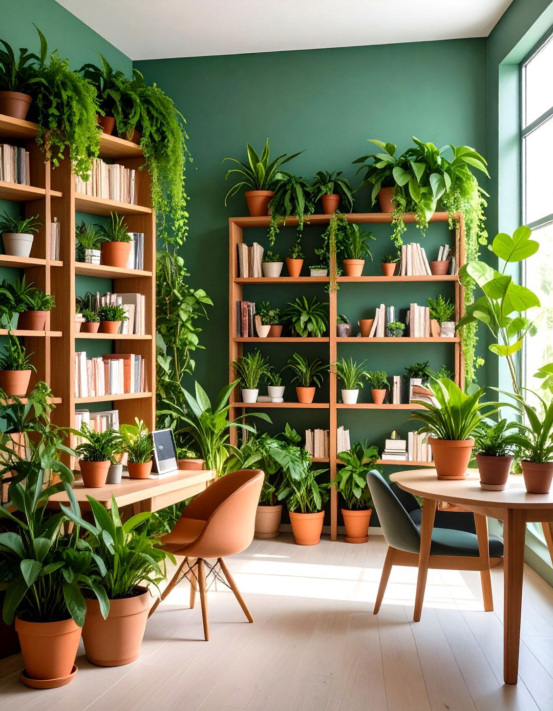 Living Greenery in the Biophilic Home Library - 20 Dark Green Home Library Ideas and Inspiration