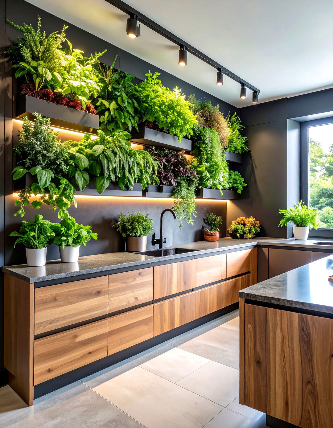 Living Kitchen Accent Wall with Vertical Herb Gardens - 20 Kitchen Accent Wall Ideas