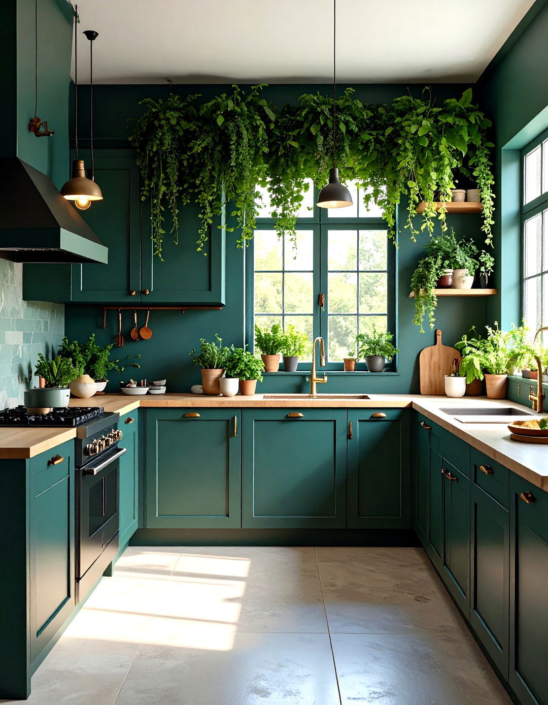 Living Plants in a Dark Green Kitchen - 20 Dark Green Kitchen Ideas