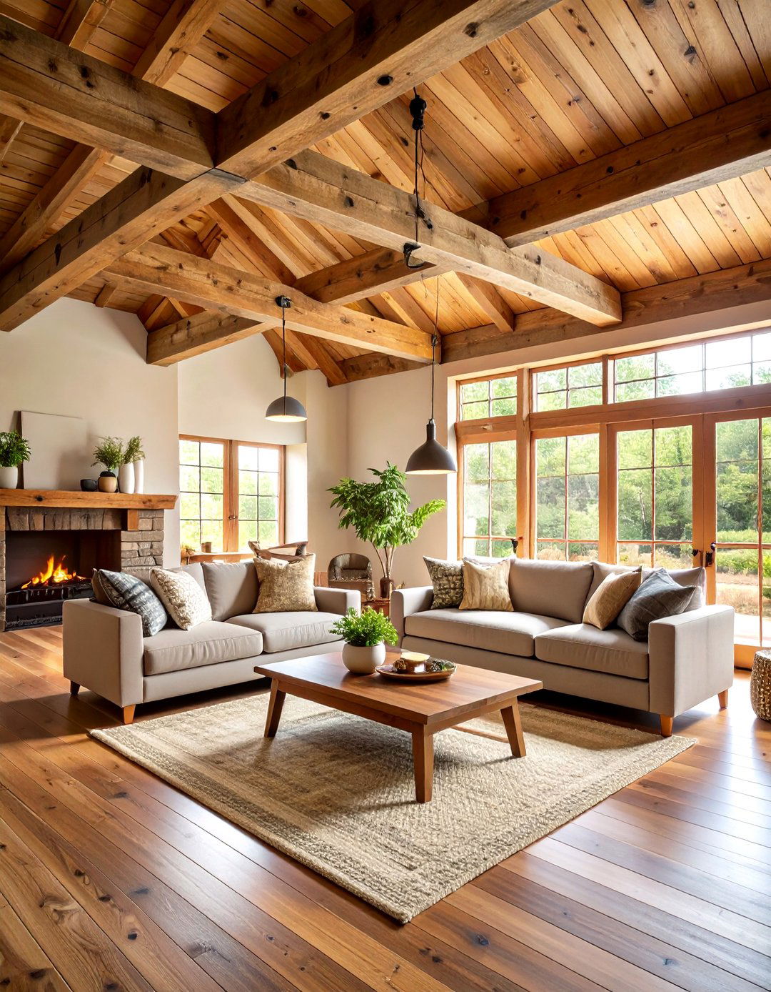 Living Room Ceiling with Exposed Wooden Beam Framework - 20 Living Room Ceiling Ideas