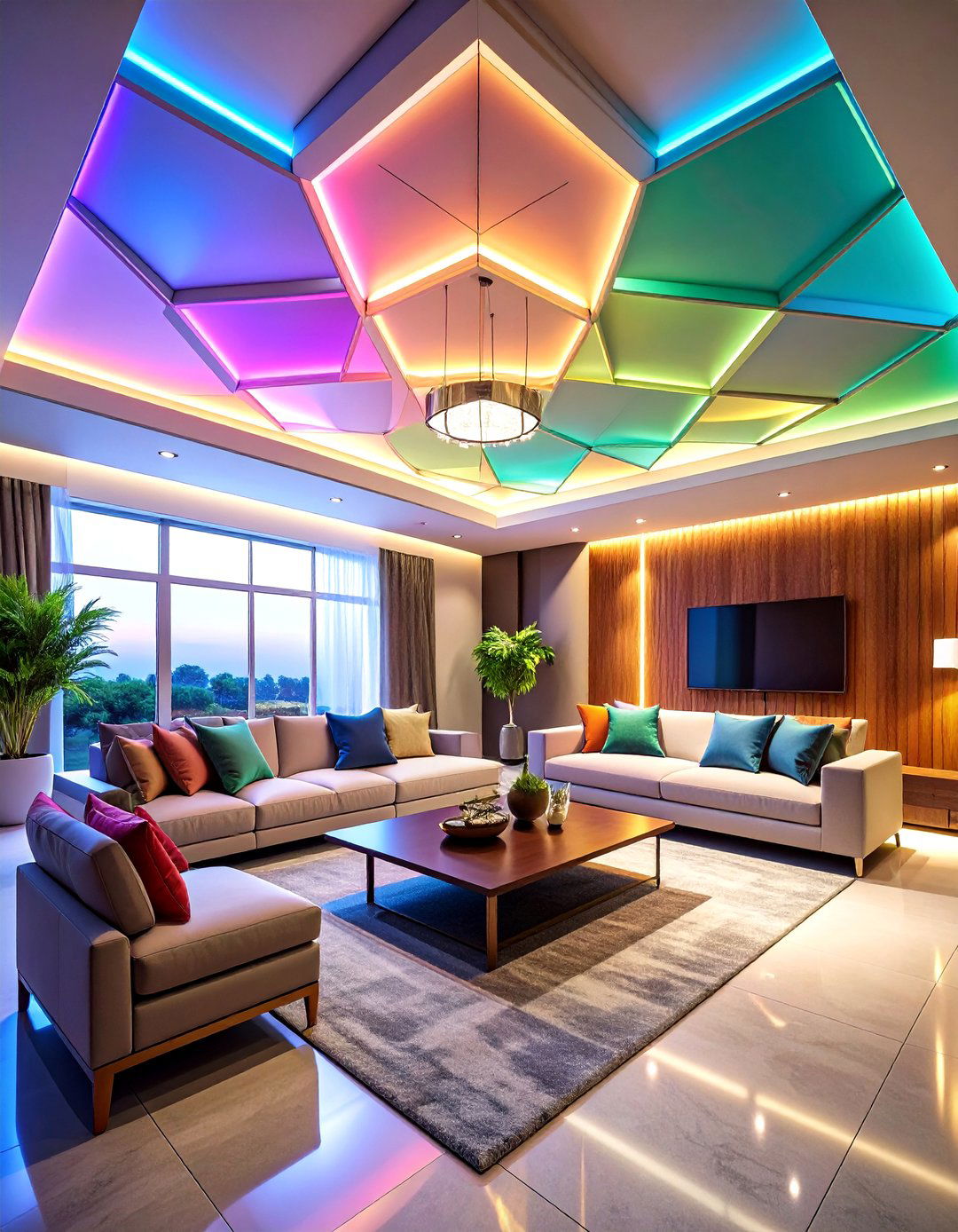 Living Room Ceiling with Geometric Panel Patterns - 20 Living Room Ceiling Ideas