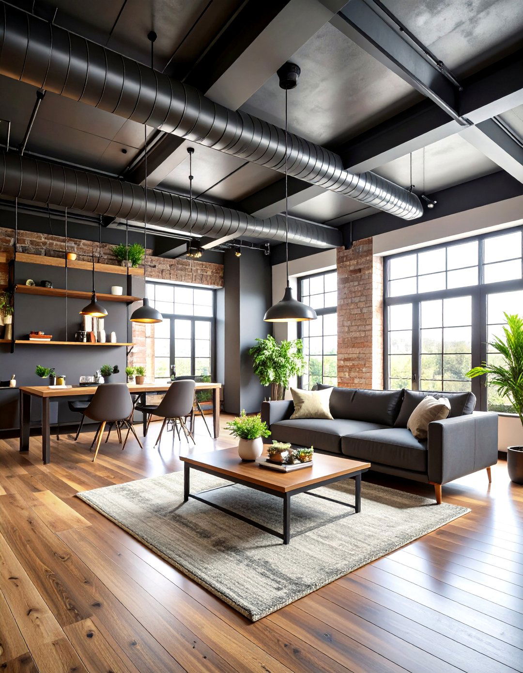 Living Room Ceiling with Industrial Exposed Ductwork - 20 Living Room Ceiling Ideas