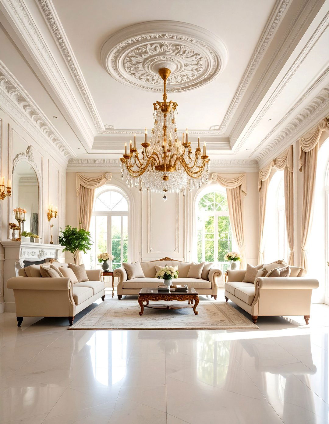Living Room Ceiling with Medallion and Crown Molding Details - 20 Living Room Ceiling Ideas