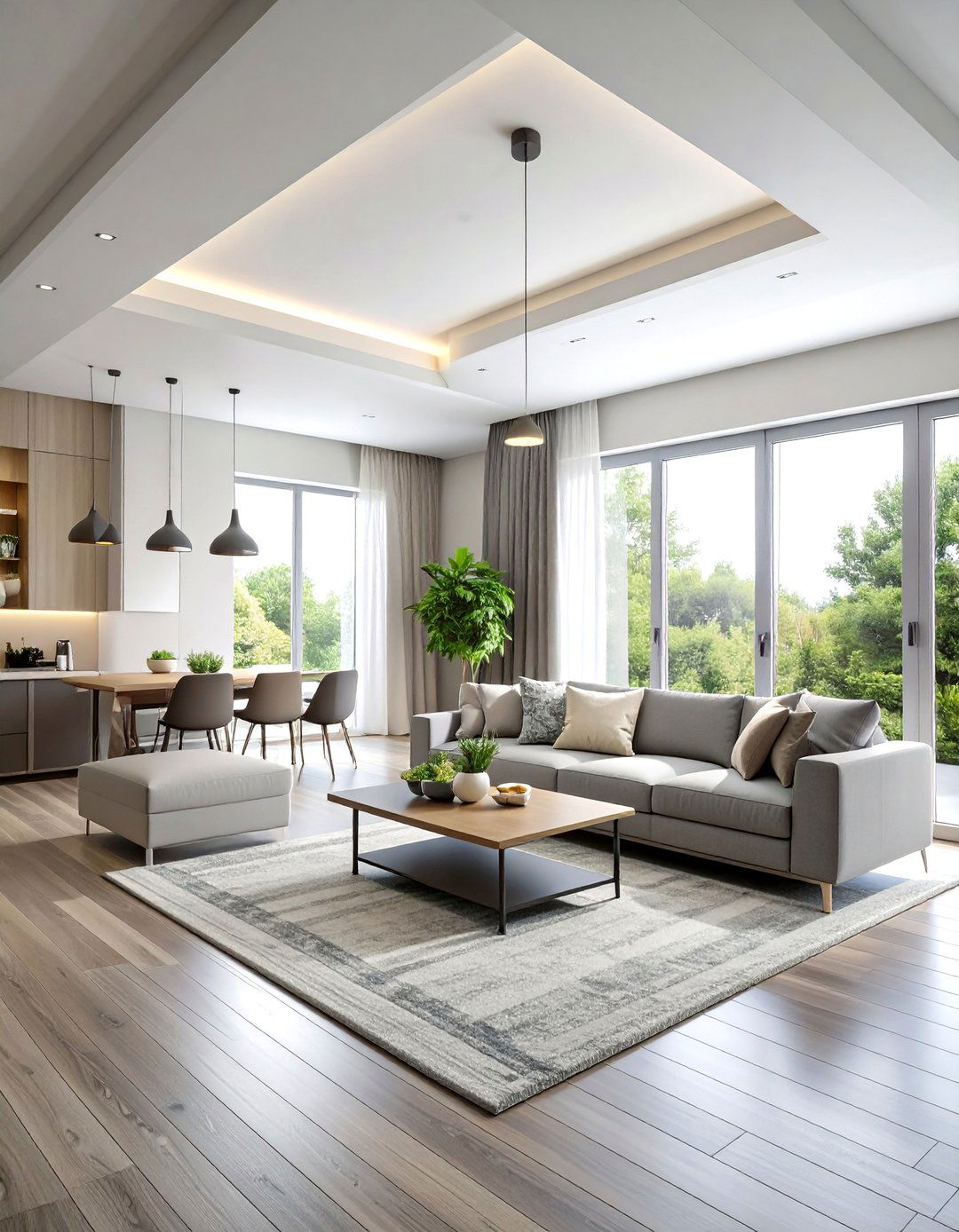 Living Room Ceiling with Modern Tray Design Elements - 20 Living Room Ceiling Ideas