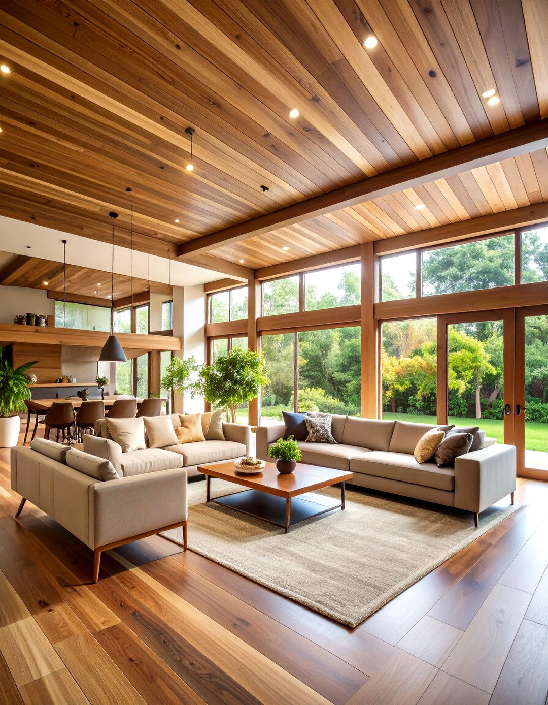 Living Room Ceiling with Natural Wood Plank Coverage - 20 Living Room Ceiling Ideas