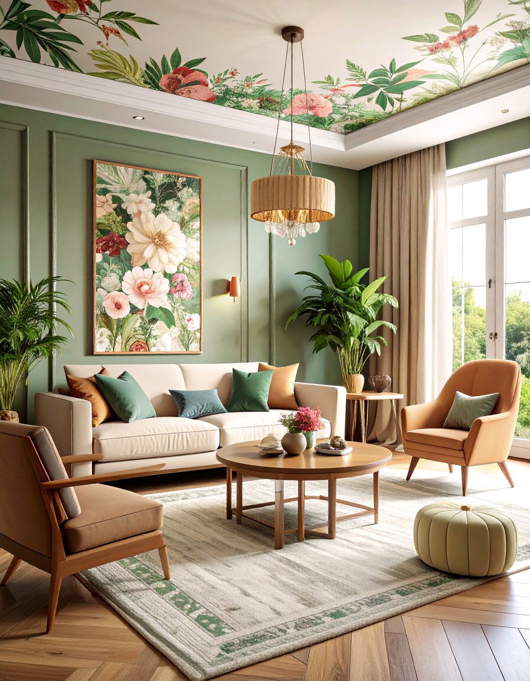 Living Room Ceiling with Wallpaper Pattern Integration - 20 Living Room Ceiling Ideas