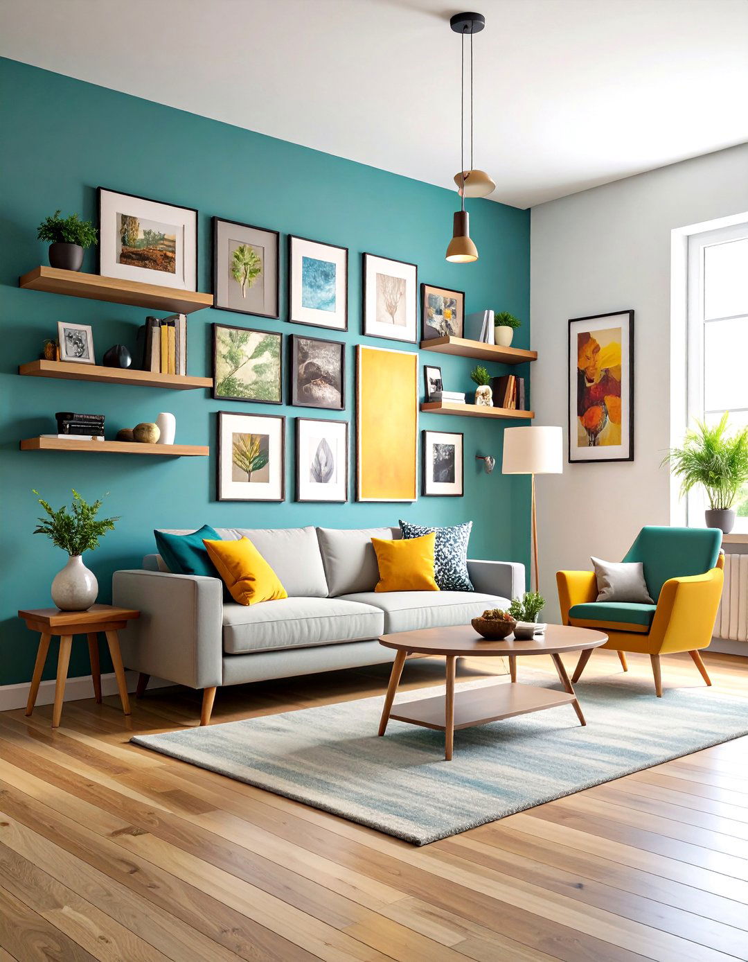Living Room Corner Artistic Gallery Wall with Accent Seating - 20 Living Room Corner Ideas