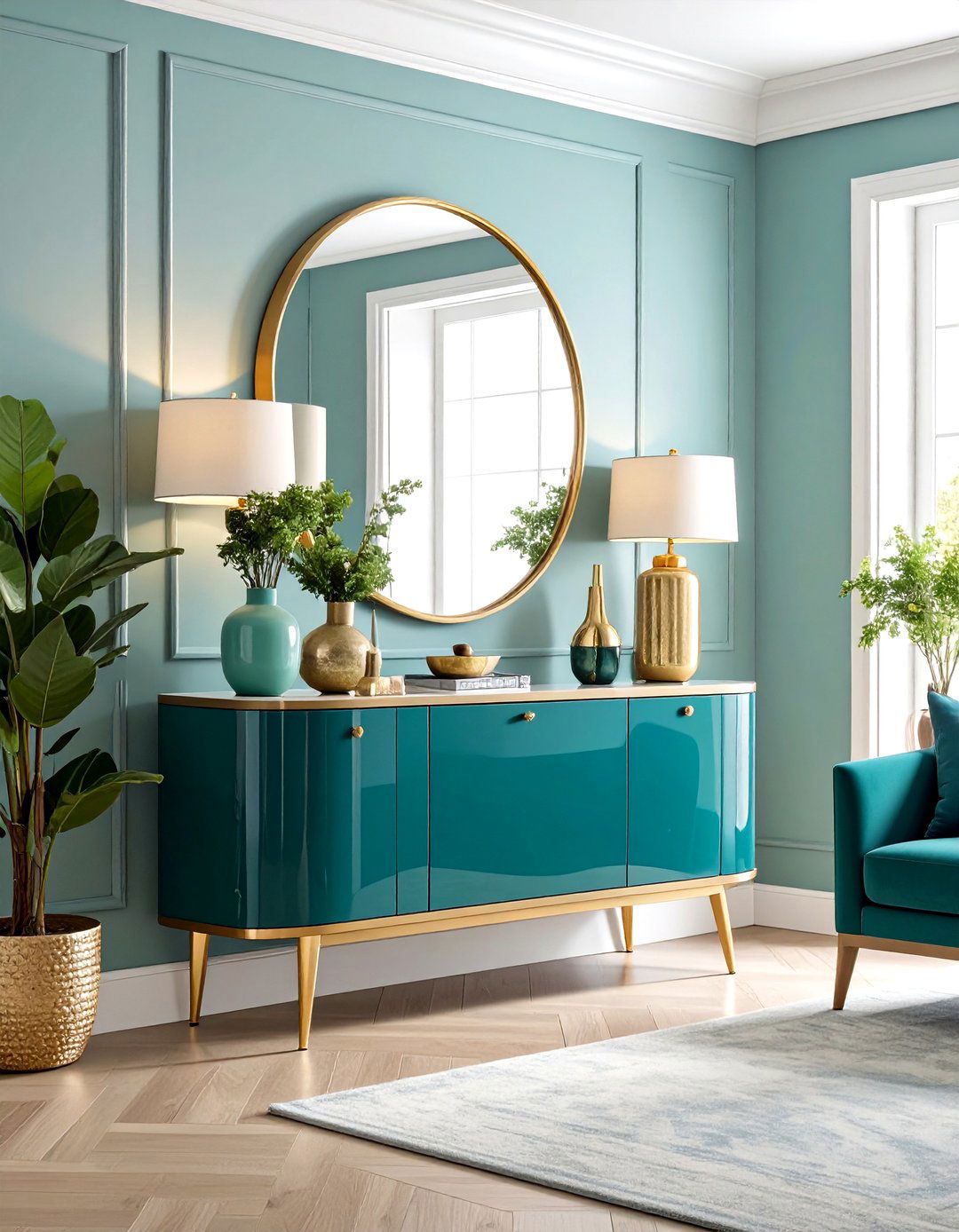 Living Room Corner Statement Mirror with Console Styling - 20 Living Room Corner Ideas