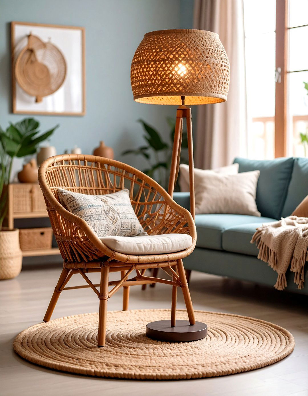 Living Room Floor Lamp with Rattan Boho Design - 20 Living Room Floor Lamp Ideas and Inspiration