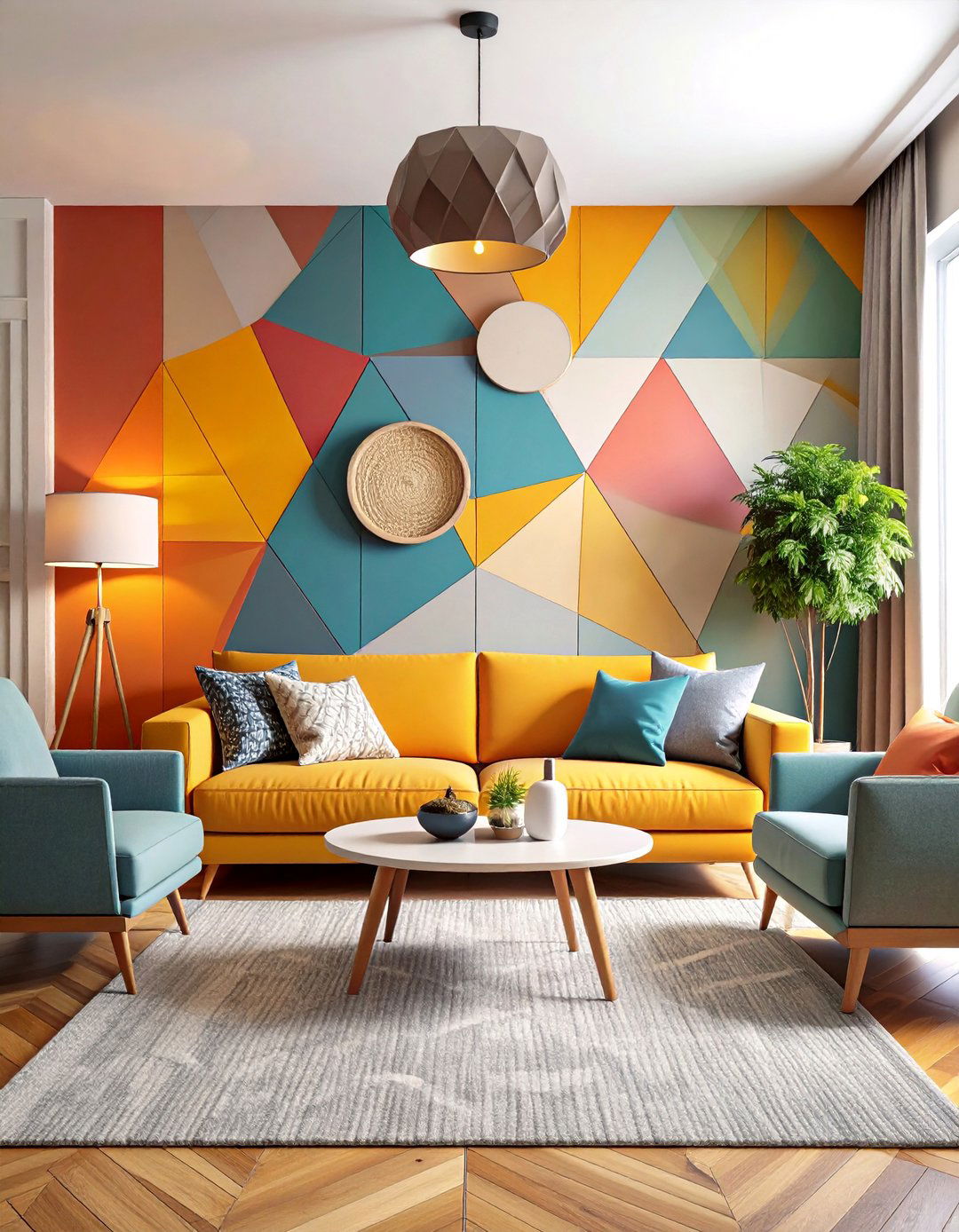 Living Room Geometric Pattern Accent Wall - 20 Living Room Accent Wall Ideas