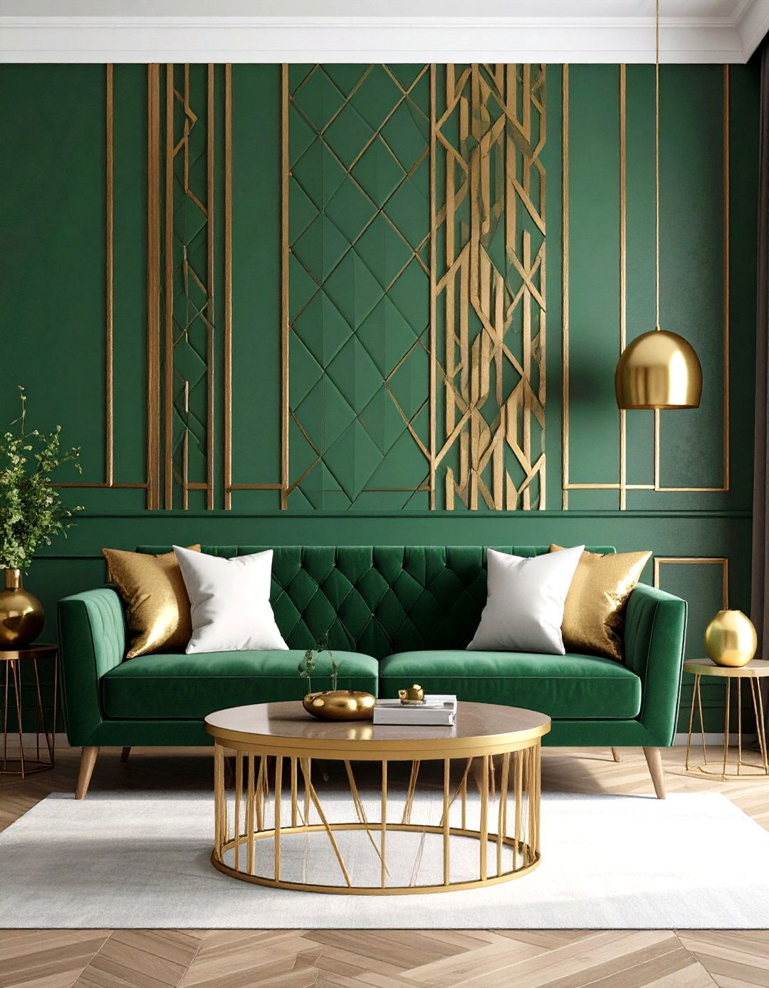 Living Room Gold Geometric Wallpaper on a Green Accent Wall - 20 Green and Gold Living Room Ideas