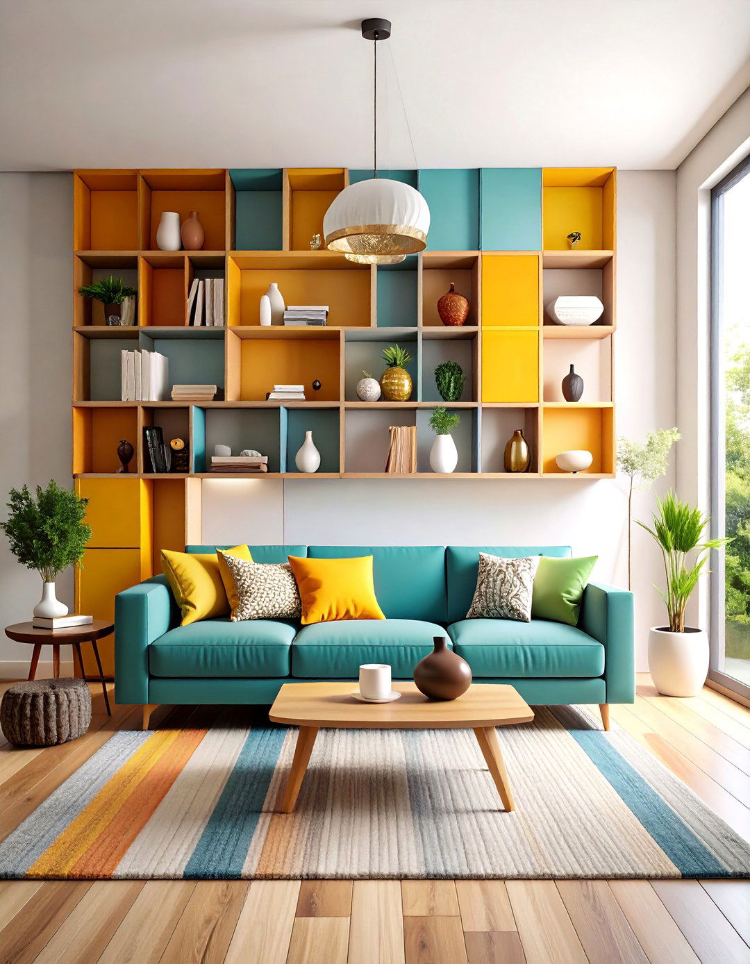Living Room Storage Floating Shelves in Geometric Arrangements - 20 Living Room Storage Ideas
