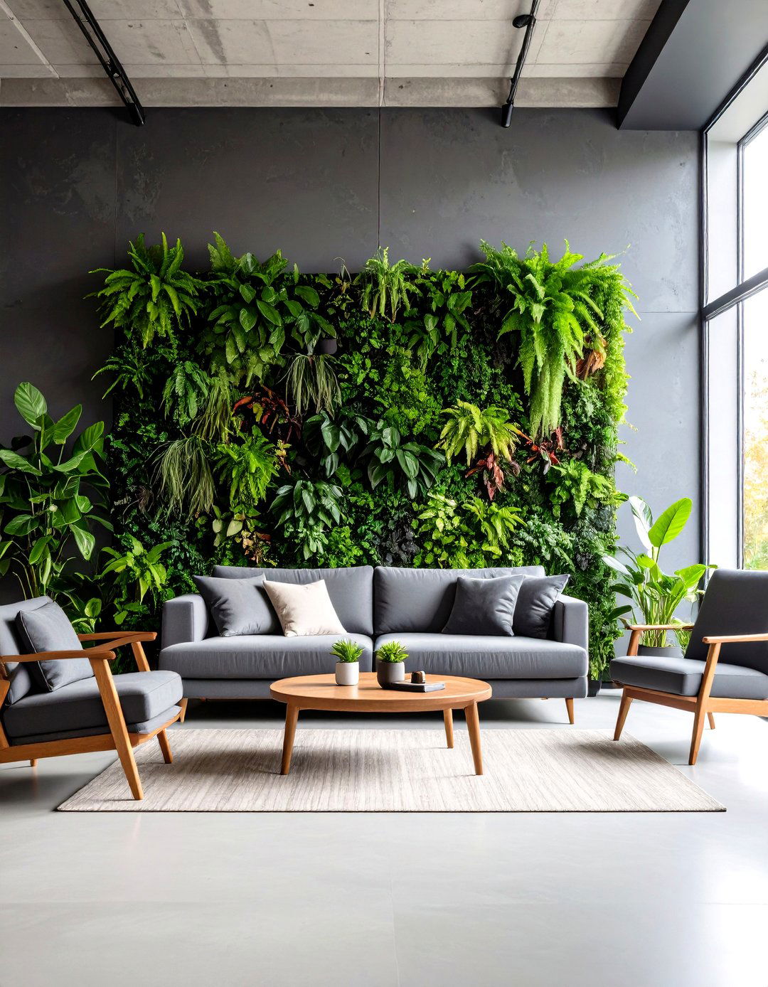 Living Wall on Slate Grey Render - 20 Green and Grey Living Room Ideas