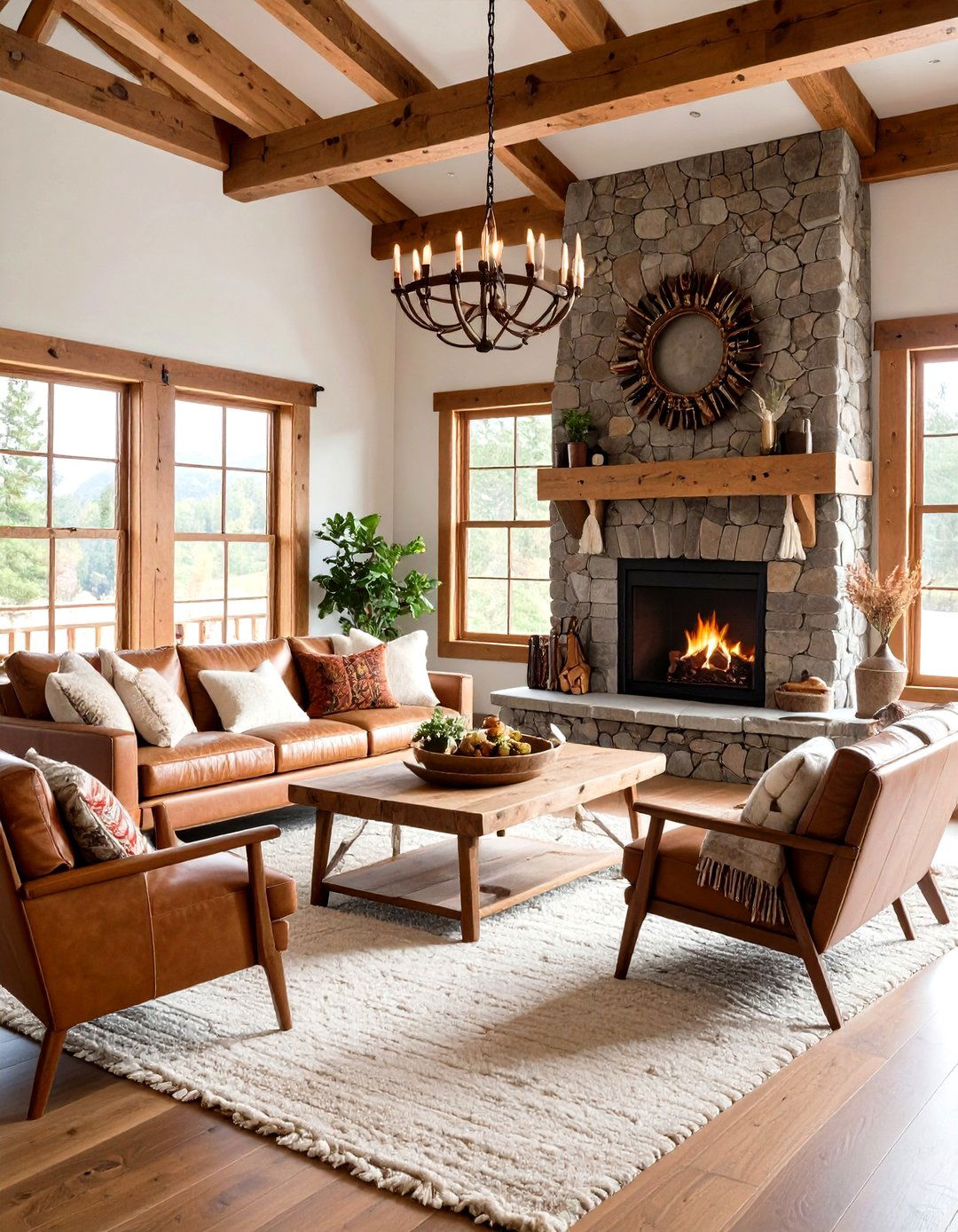 Lodge Style Primitive Living Room with Natural Stone - 20 Primitive Living Room Ideas