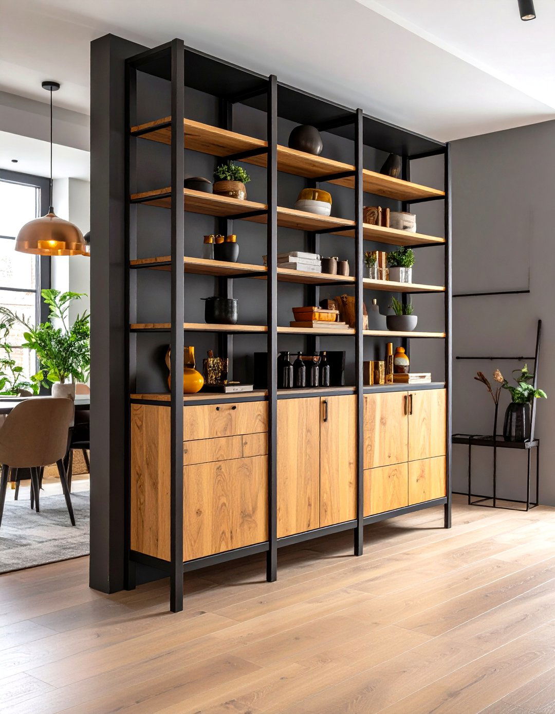 Loft Apartment Vertical Cabinets with Ladder Rails - 20 Floor to Ceiling Cabinets Ideas