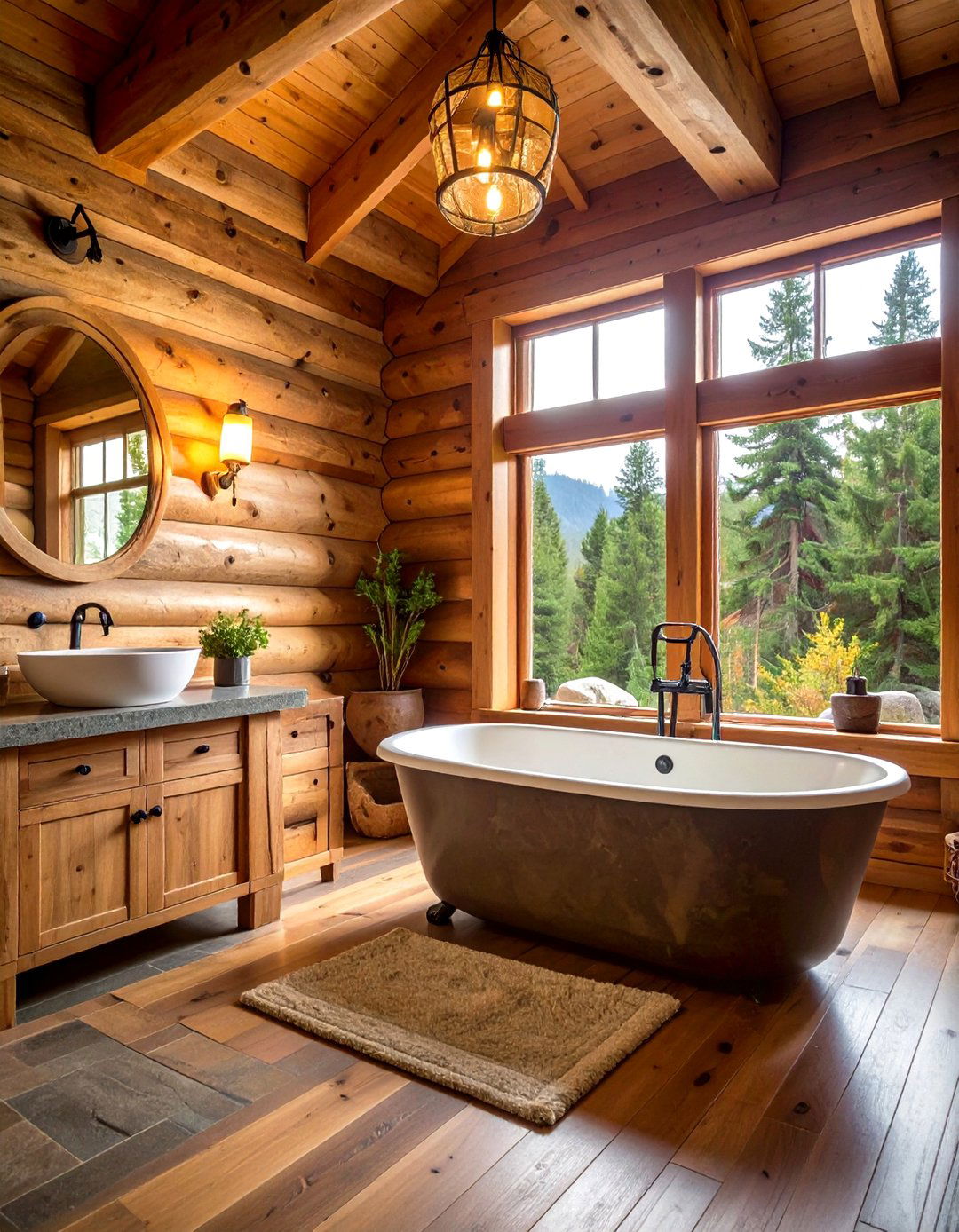 Log Cabin Rustic Bathroom with Natural Wood Walls - 20 Rustic Bathroom Ideas