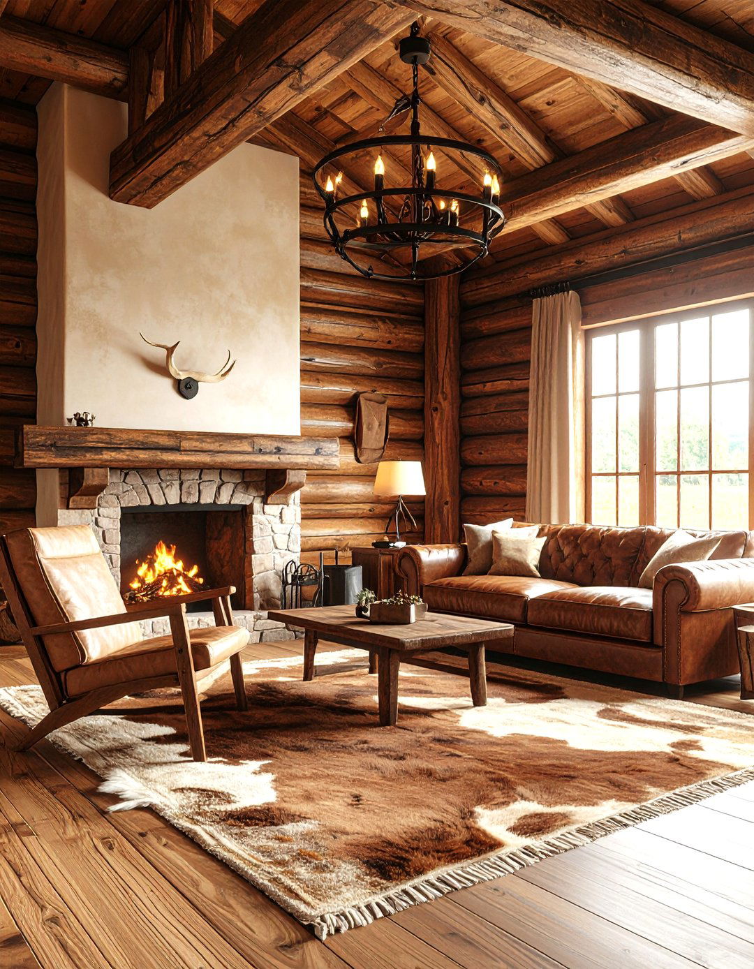 Log and Leather Western Cabin Living Room - 20 Cabin Living Room Ideas