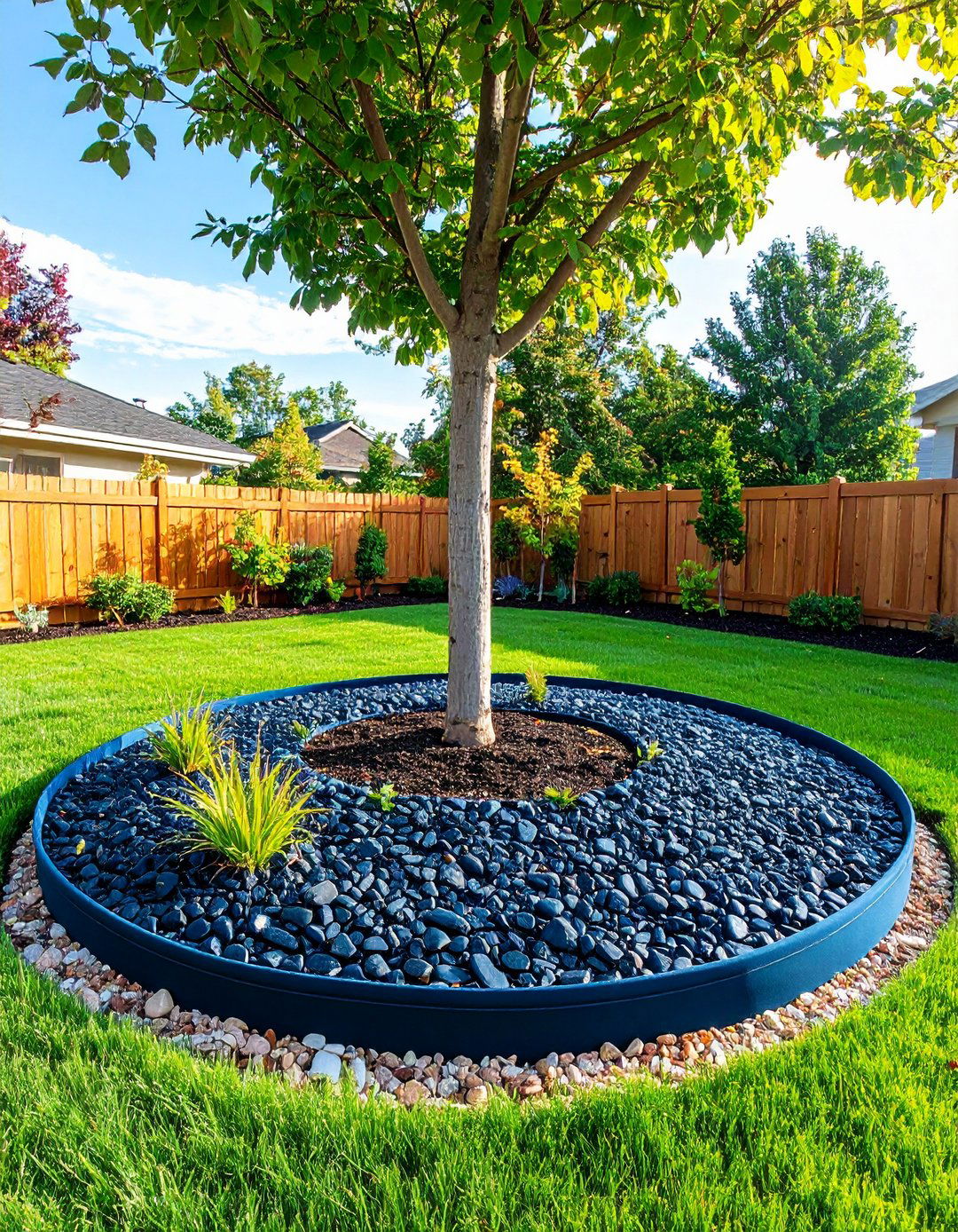 Long Term Tree Ring Instead of Organic Mulch - 20 Black River Rock Landscaping Ideas