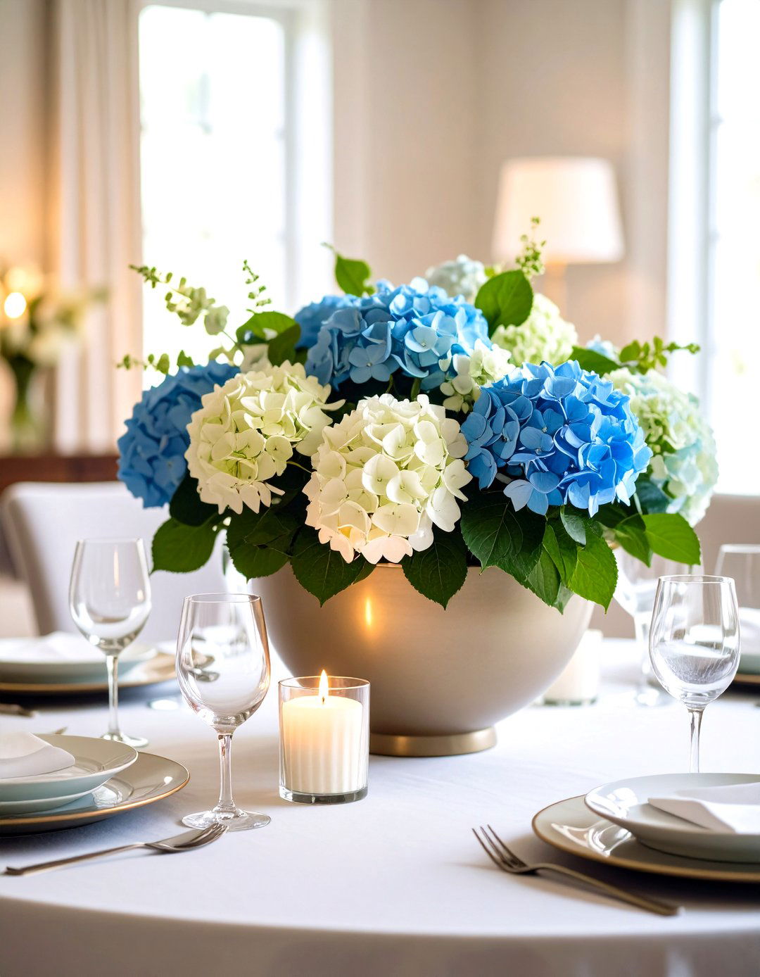 Low Bowl Hydrangea Centerpiece for Conversation - 20 Hydrangea Centerpiece Ideas