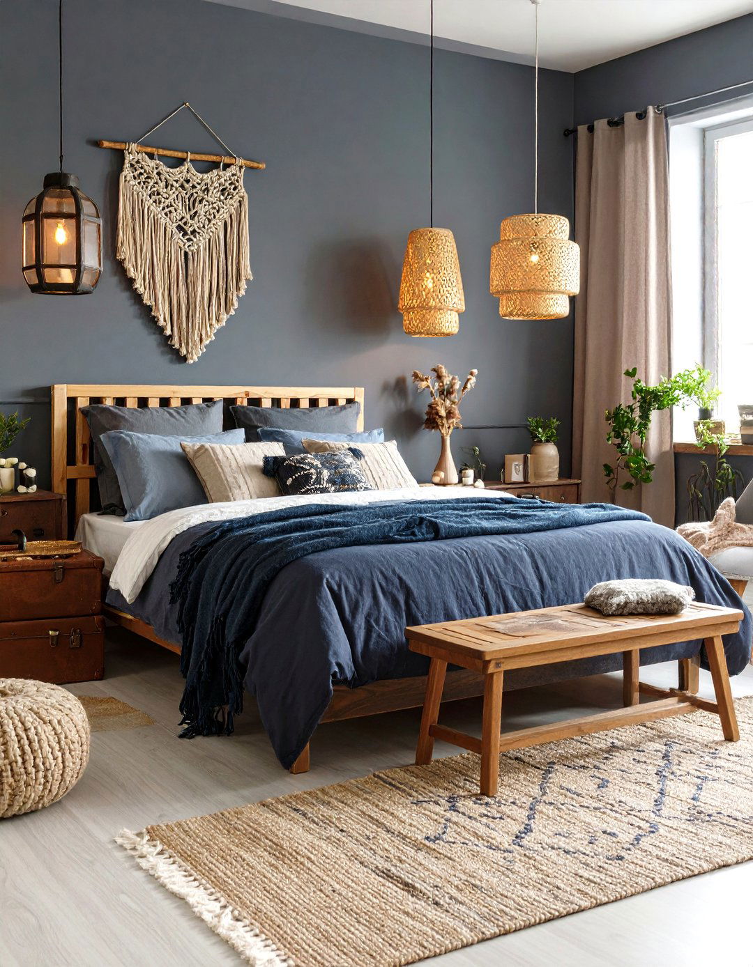 Low Platform Bed and Lantern Cluster Bedroom - 20 Dark Boho Bedroom Ideas