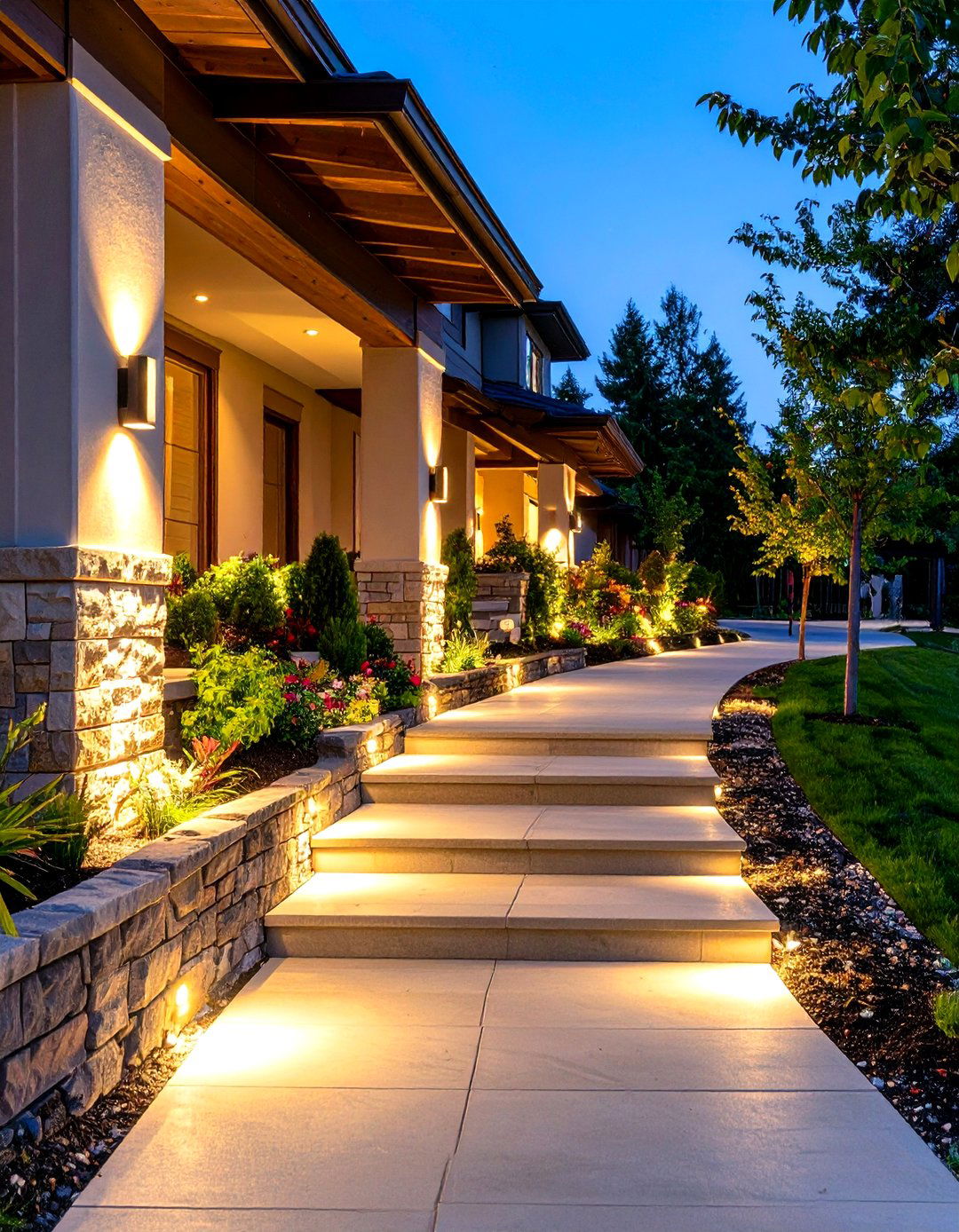 Low Profile Step Lights on Driveway Retaining Walls - 20 Driveway Lighting Ideas