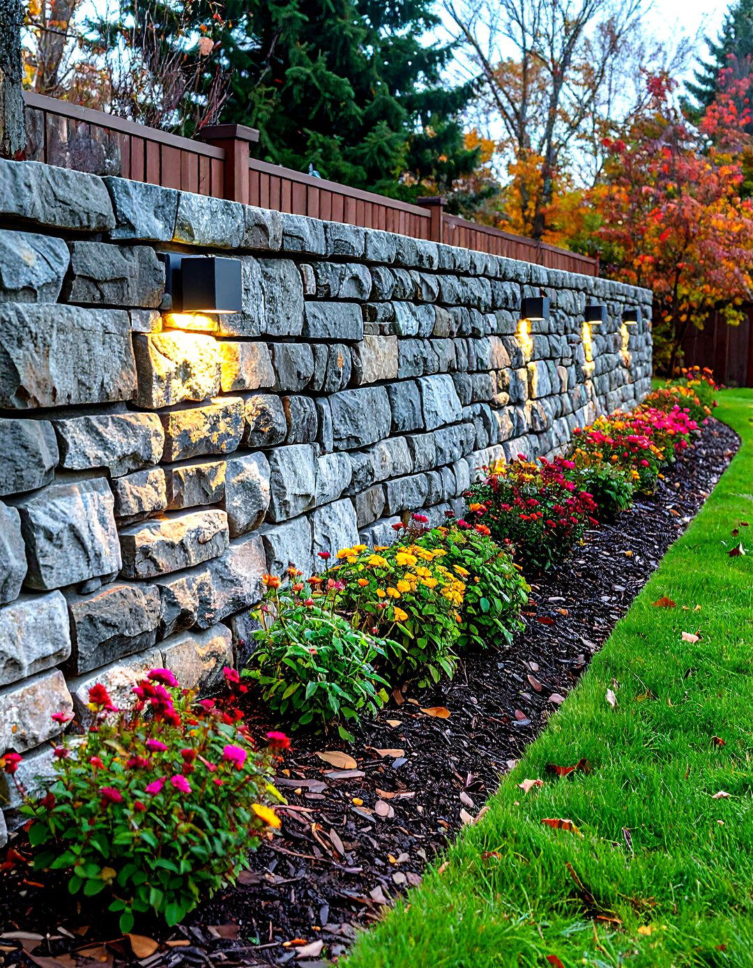 Low Rock Wall With Mulched Perennial Strip - 20 Front Yard Landscaping Ideas With Rocks and Mulch