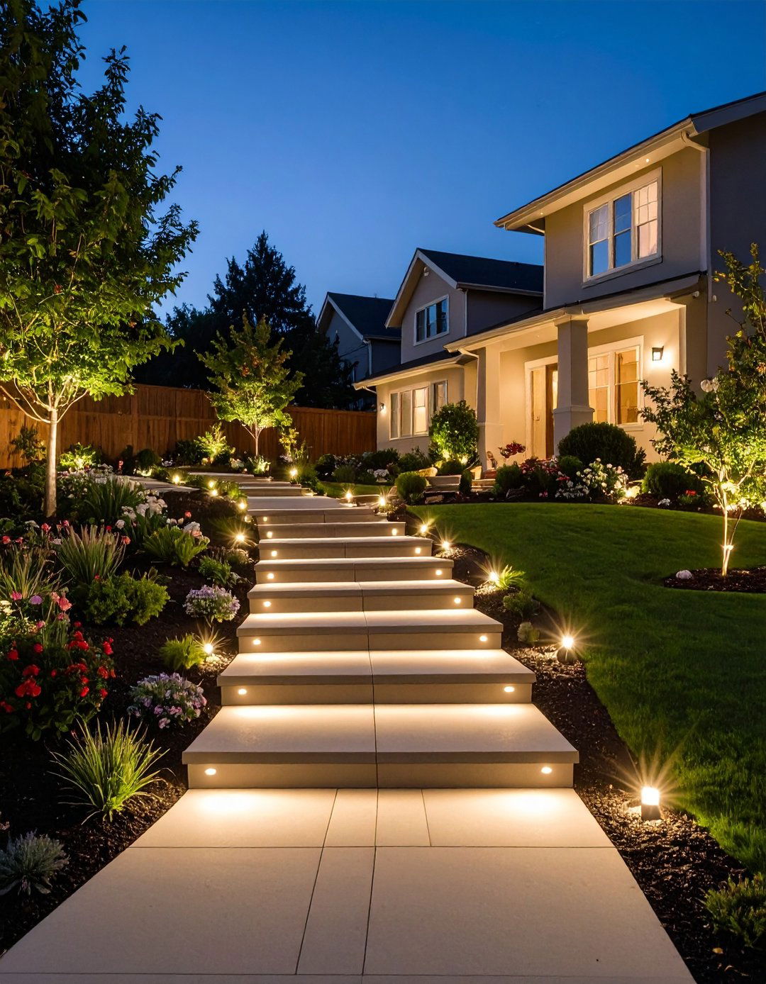 Low Voltage Step Lighting to Guide Nighttime Backyard Strolls - 20 Down Sloped Backyard Ideas