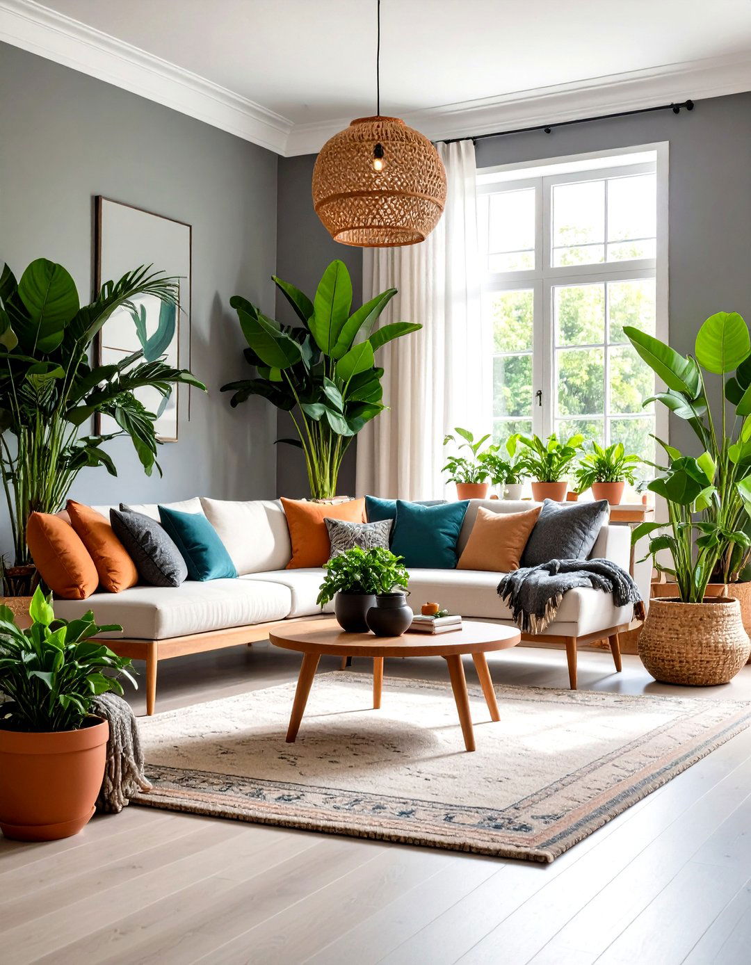 Lush Greenery Enlivens a Grey and White Living Room - 20 Grey and White Living Room Ideas