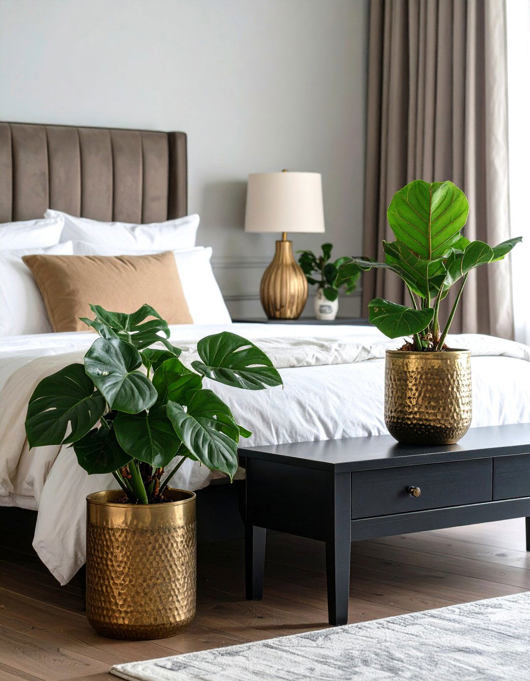 Lush Greenery in Gold Planters - 20 Black and Gold Bedroom Ideas
