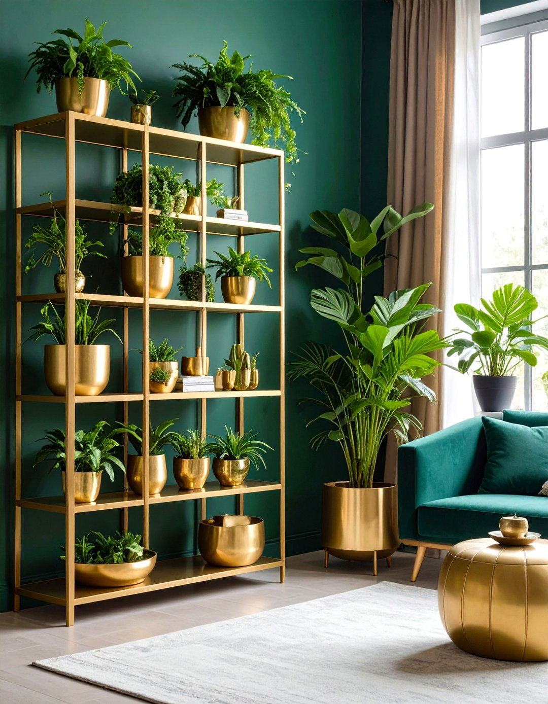 Lush Indoor Plants in Gold Planters to Green Your Living Room - 20 Green and Gold Living Room Ideas