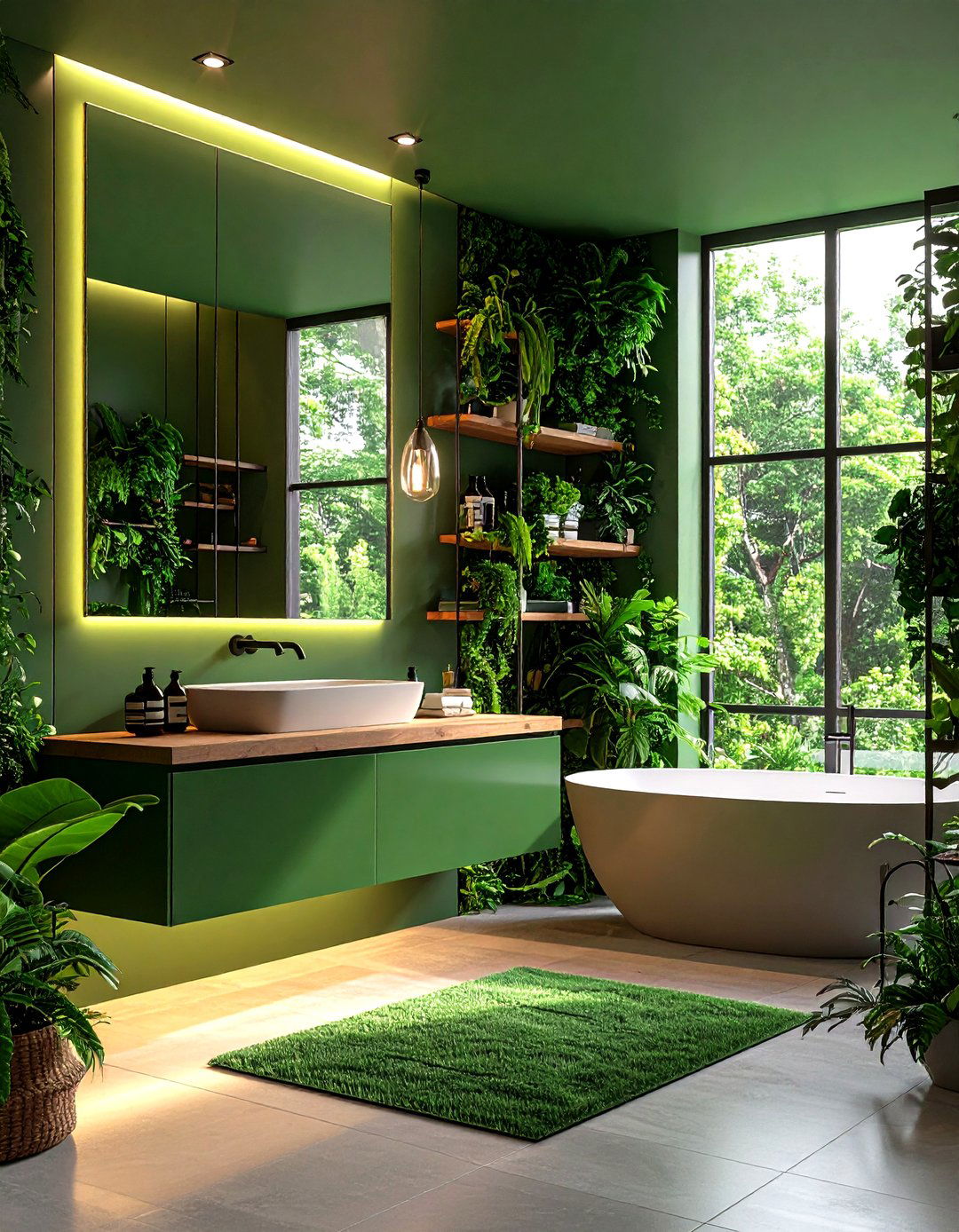Lush Plant Nook with Green Backdrop - 20 Small Green Bathroom Ideas
