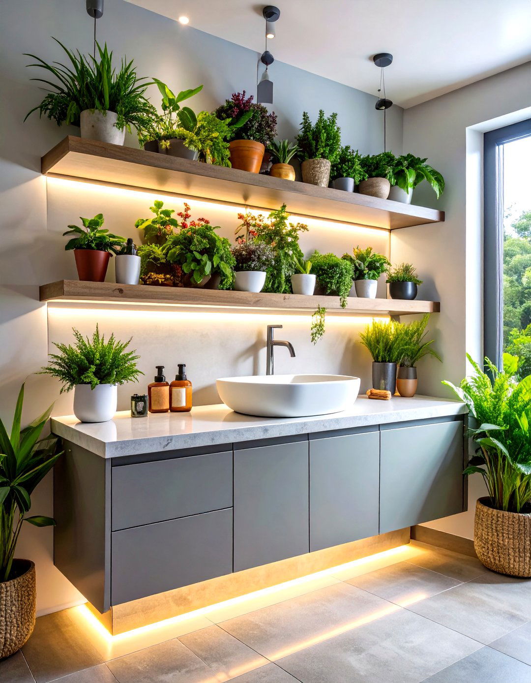 Lush Plants and Stone Gray Surfaces for a Biophilic Boost - 20 Green and Grey Bathroom Ideas