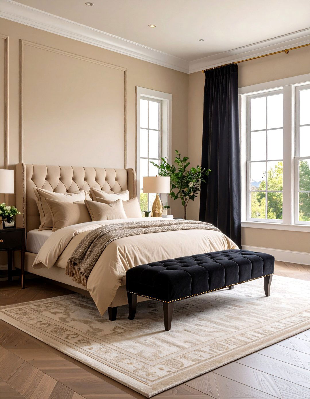 Luxe Black Velvet Accents on a Beige Palette - 20 Black and Beige Bedroom Design Ideas