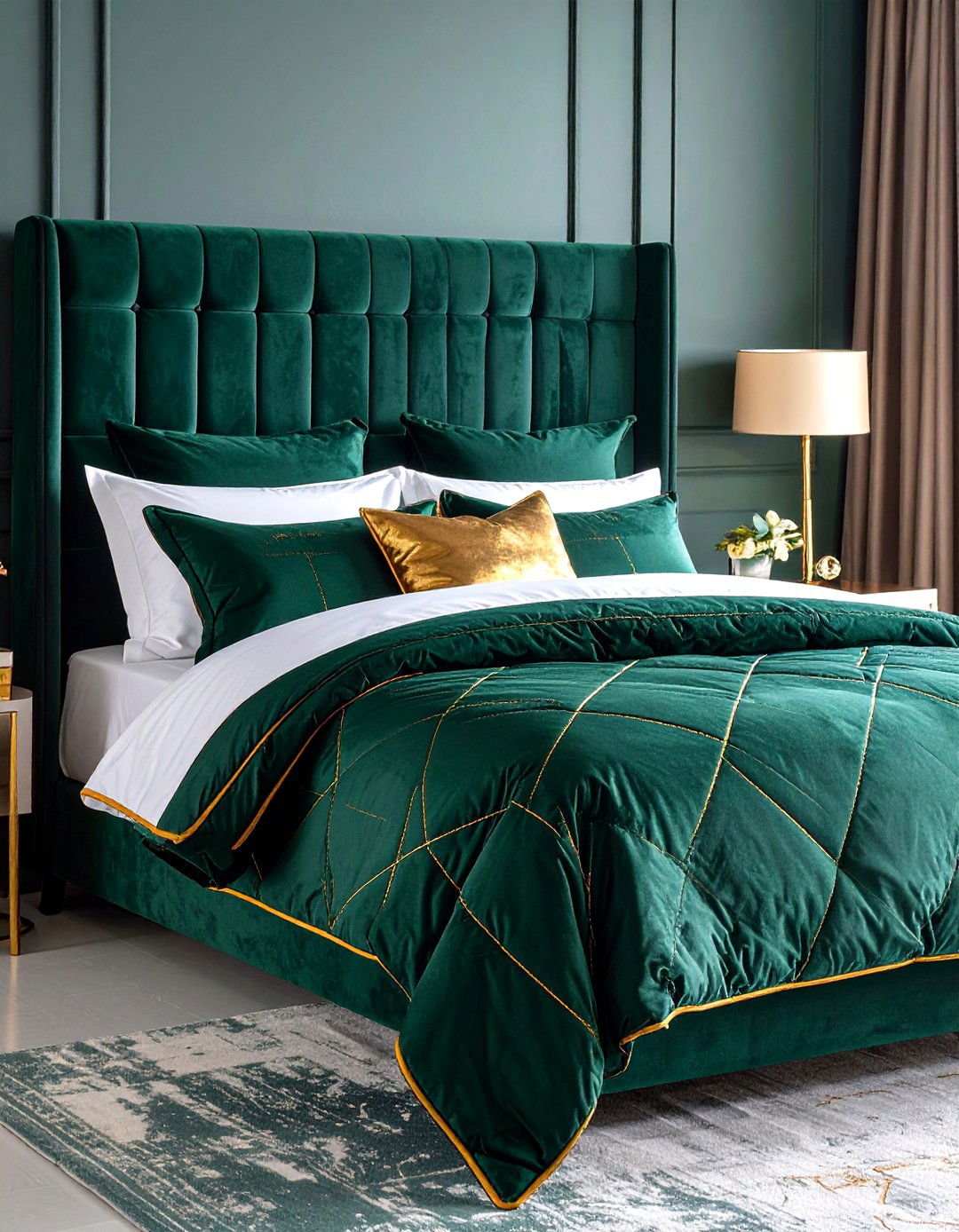 Luxe Emerald Velvet Bedding with Gold Thread - 20 Emerald Green and Gold Bedroom Ideas