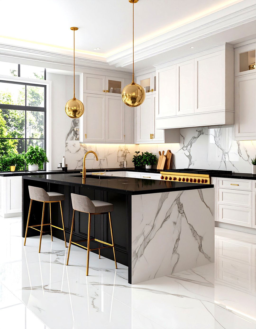Luxe Marble Backsplash White Kitchen with Black Countertops - 20 white kitchen with black countertops ideas