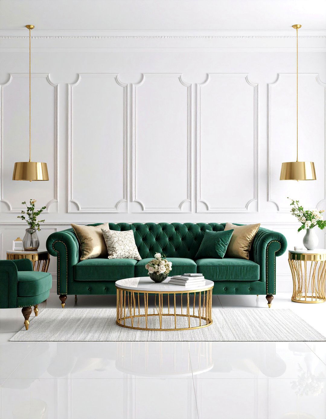 Luxe Metallic Accents for Regency Flair - 20 Emerald Green Sofa Living Room Ideas
