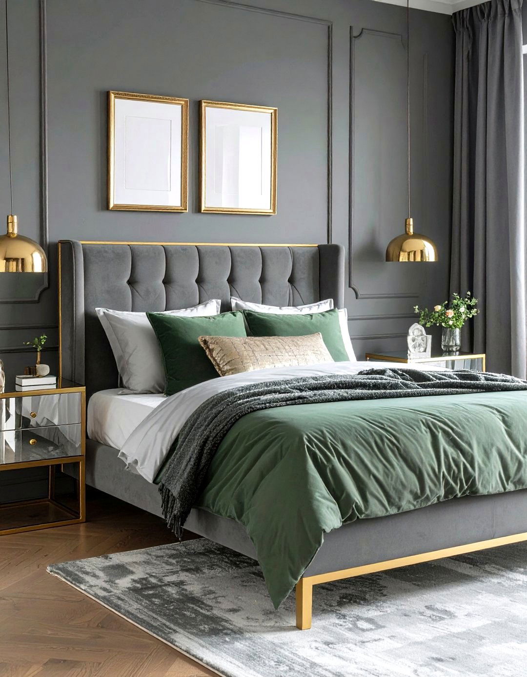 Luxe Metallic Touches in Silver and Gold - 20 Sage Green and Grey Bedroom Ideas
