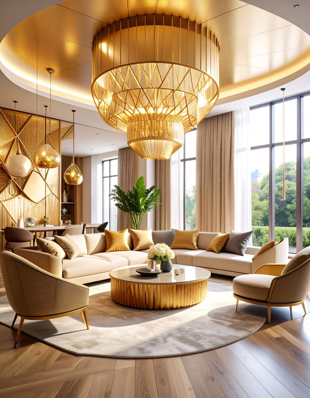 Luxe Modern Living Room Ceiling Lighting with Metallic Geometric Installations - 20 Living Room Ceiling Lighting Ideas